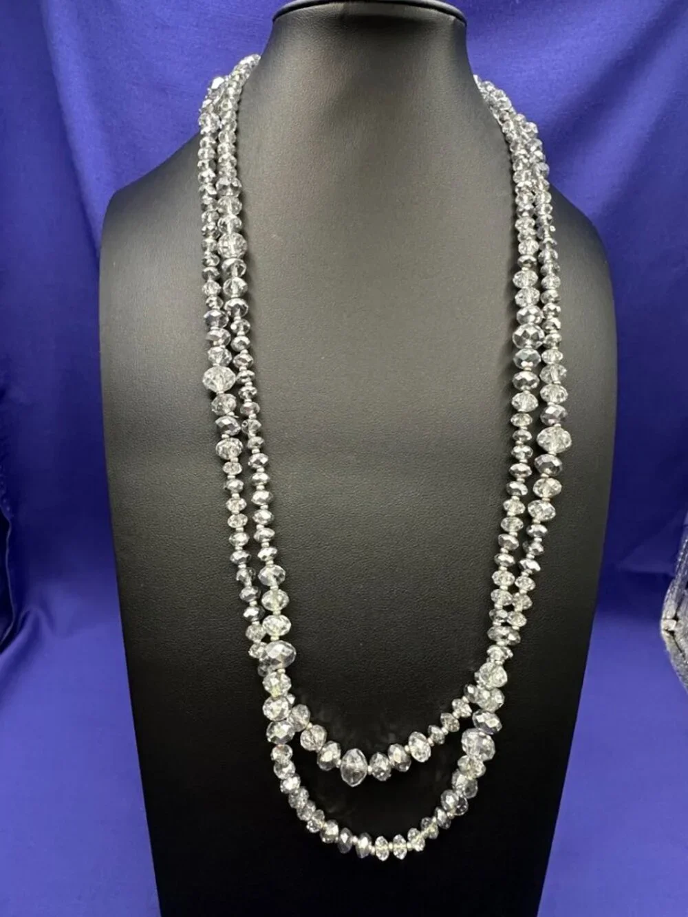 VTG WH/BM Long Smoky Glass Beads Silver-Tone Setting